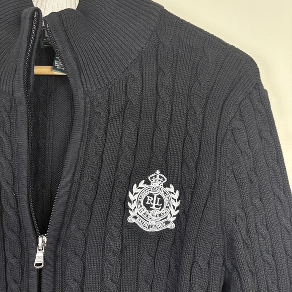 Ralph Lauren Black Cable Knit Zip Sweater White Crest Logo - Picture 5 of 6